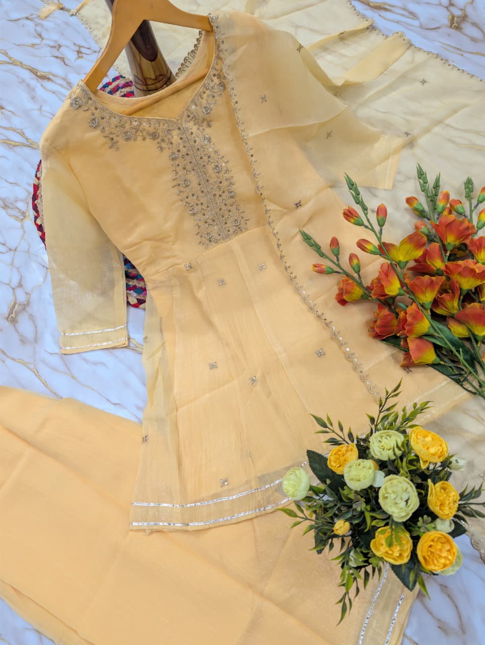 Crunchy Silk Embroidered Flared Short Kurti, Pant & Duppata Set