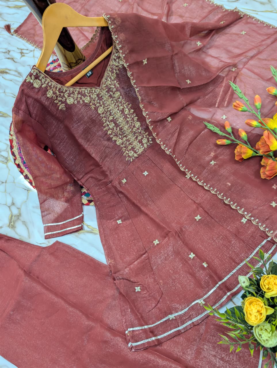 Crunchy Silk Embroidered Flared Short Kurti, Pant & Duppata Set