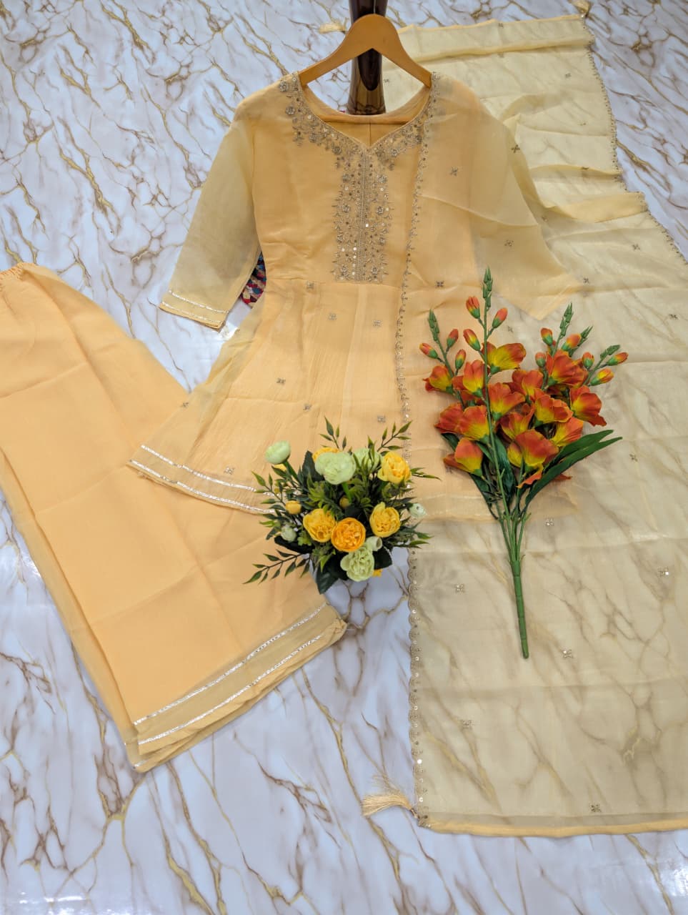 Crunchy Silk Embroidered Flared Short Kurti, Pant & Duppata Set