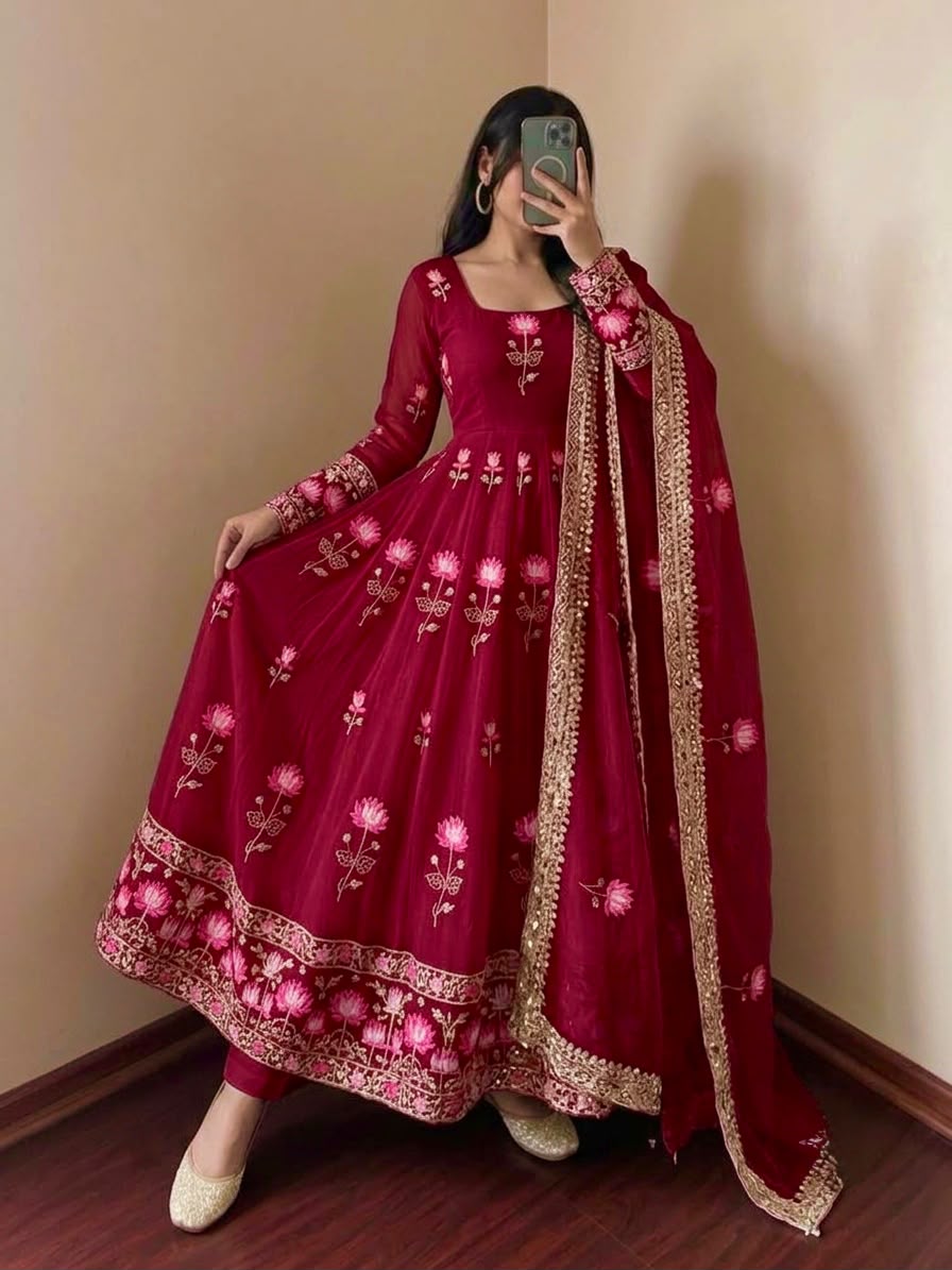 Elegant Embroidered Sequence Designer Anarkali 3 Piece Set