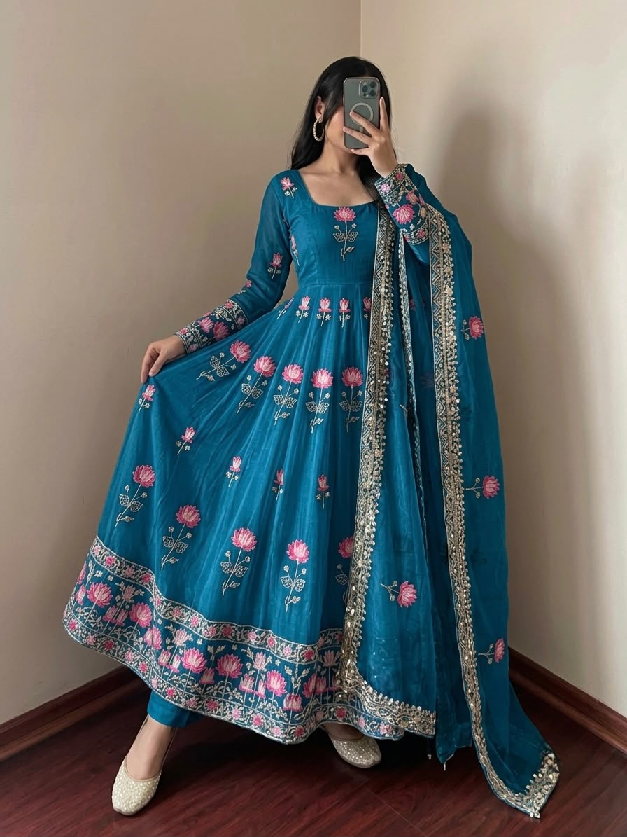 Elegant Embroidered Sequence Designer Anarkali 3 Piece Set