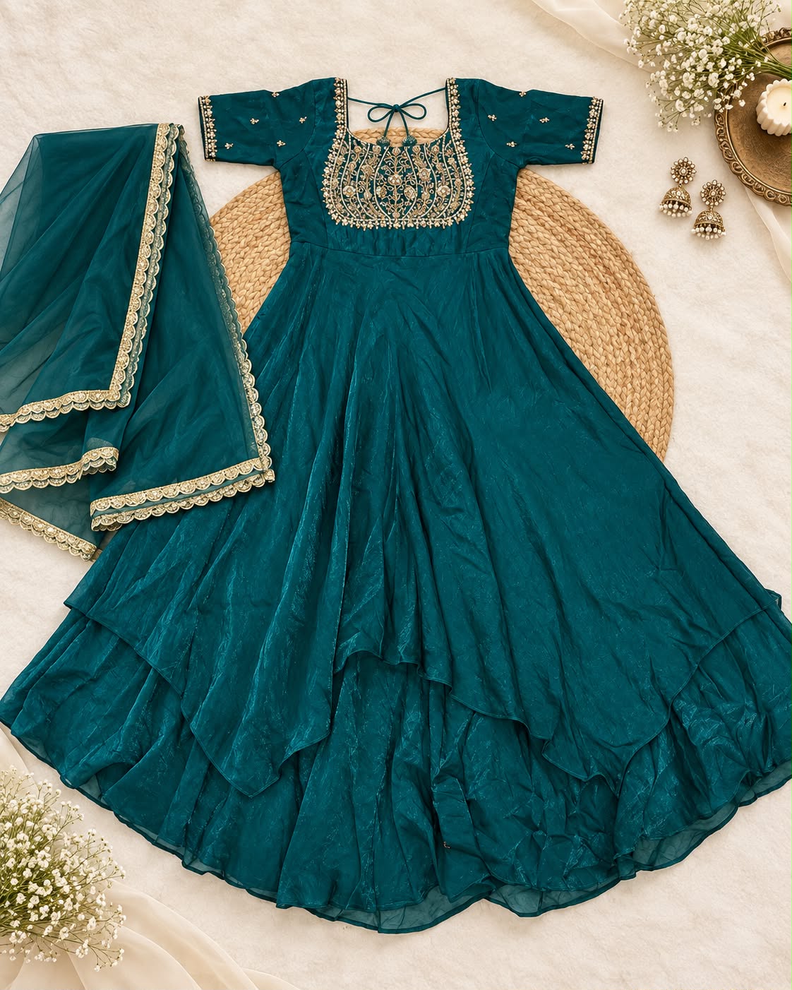 Emerald Gold Embroidered Anarkali Gown"