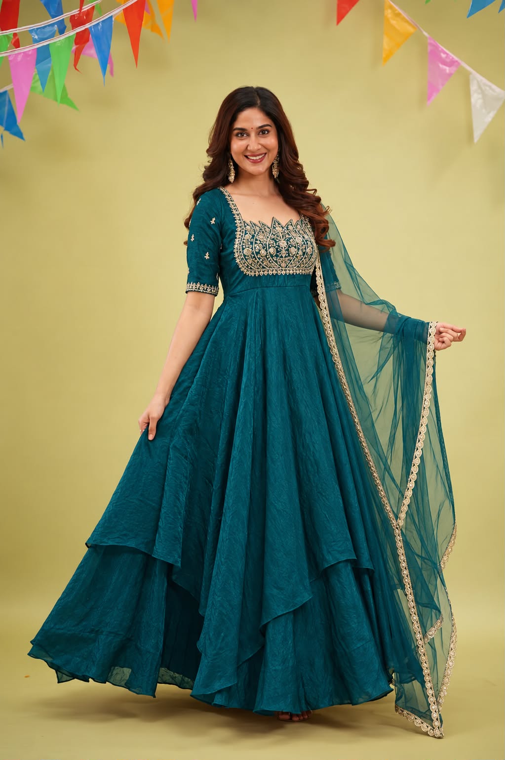 Emerald Gold Embroidered Anarkali Gown"