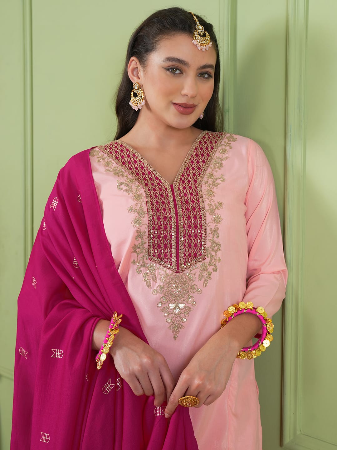 WOMEN'S HEAVY SIMER GOLD SILK KURTI, PANT & DUPPATA SET'S*