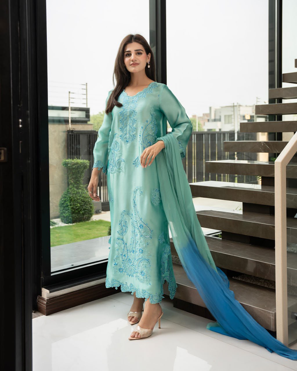 Aqua Blue Embroidered Elegance Suit Set