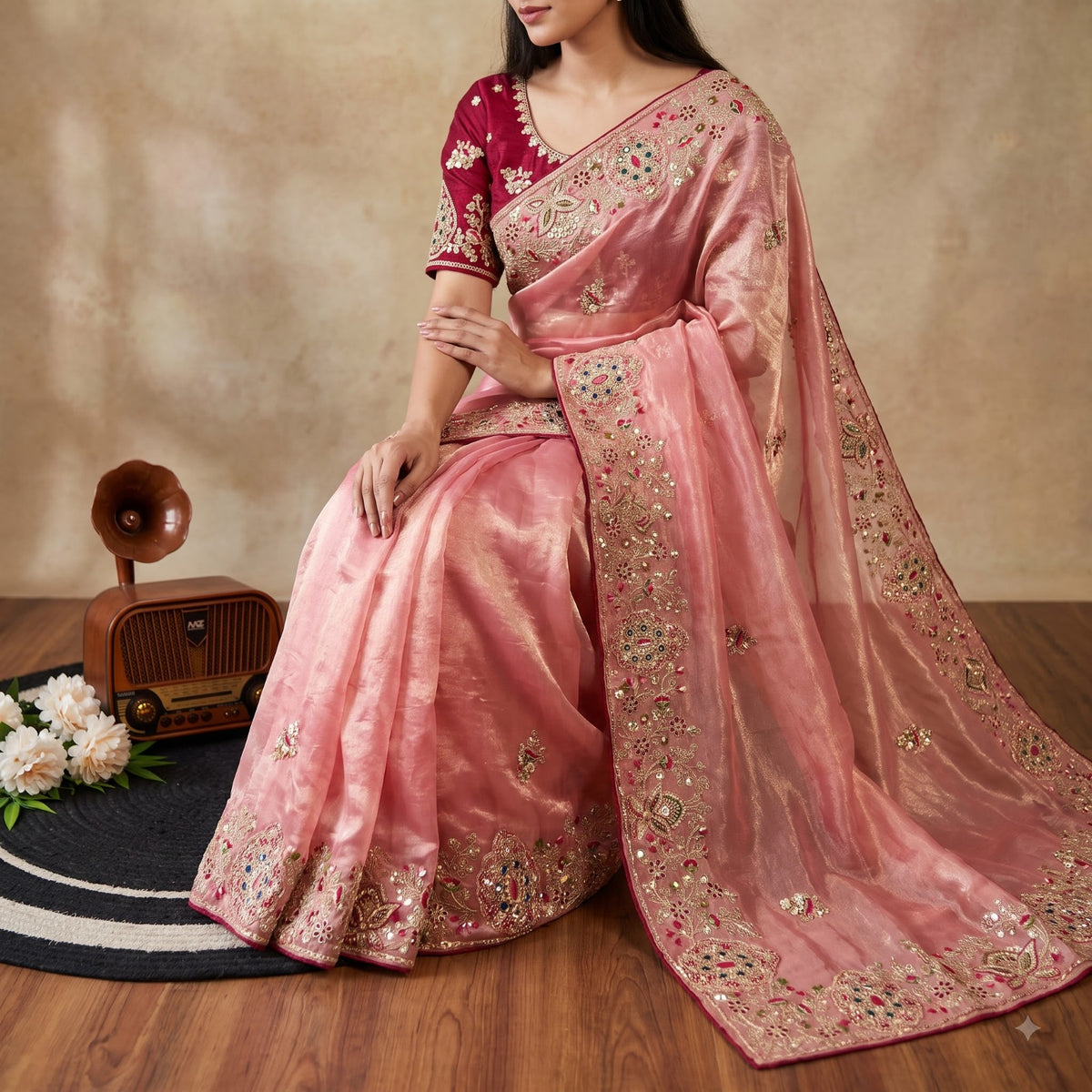 Fabric Soft Fandy Sattin Silk Fabric With Multi Thread Embroidery Coding Sequence With Dori Paiping