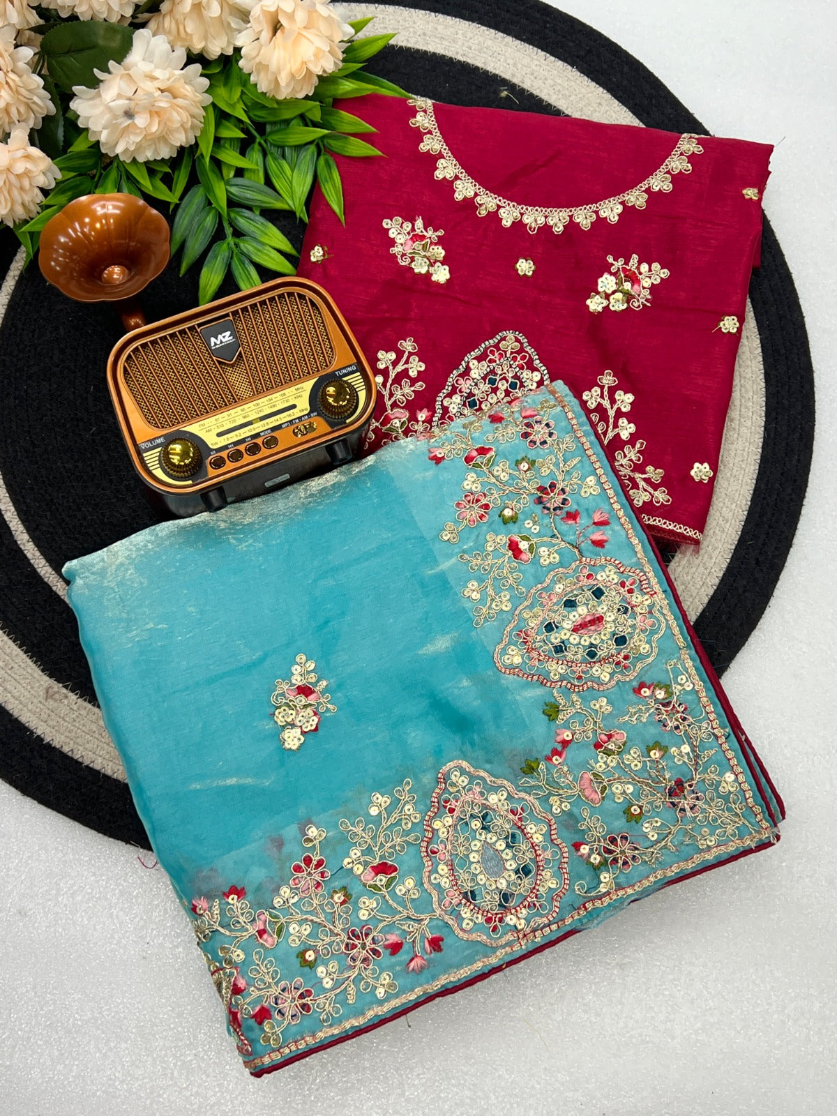 Fabric Soft Fandy Sattin Silk Fabric With Multi Thread Embroidery Coding Sequence With Dori Paiping