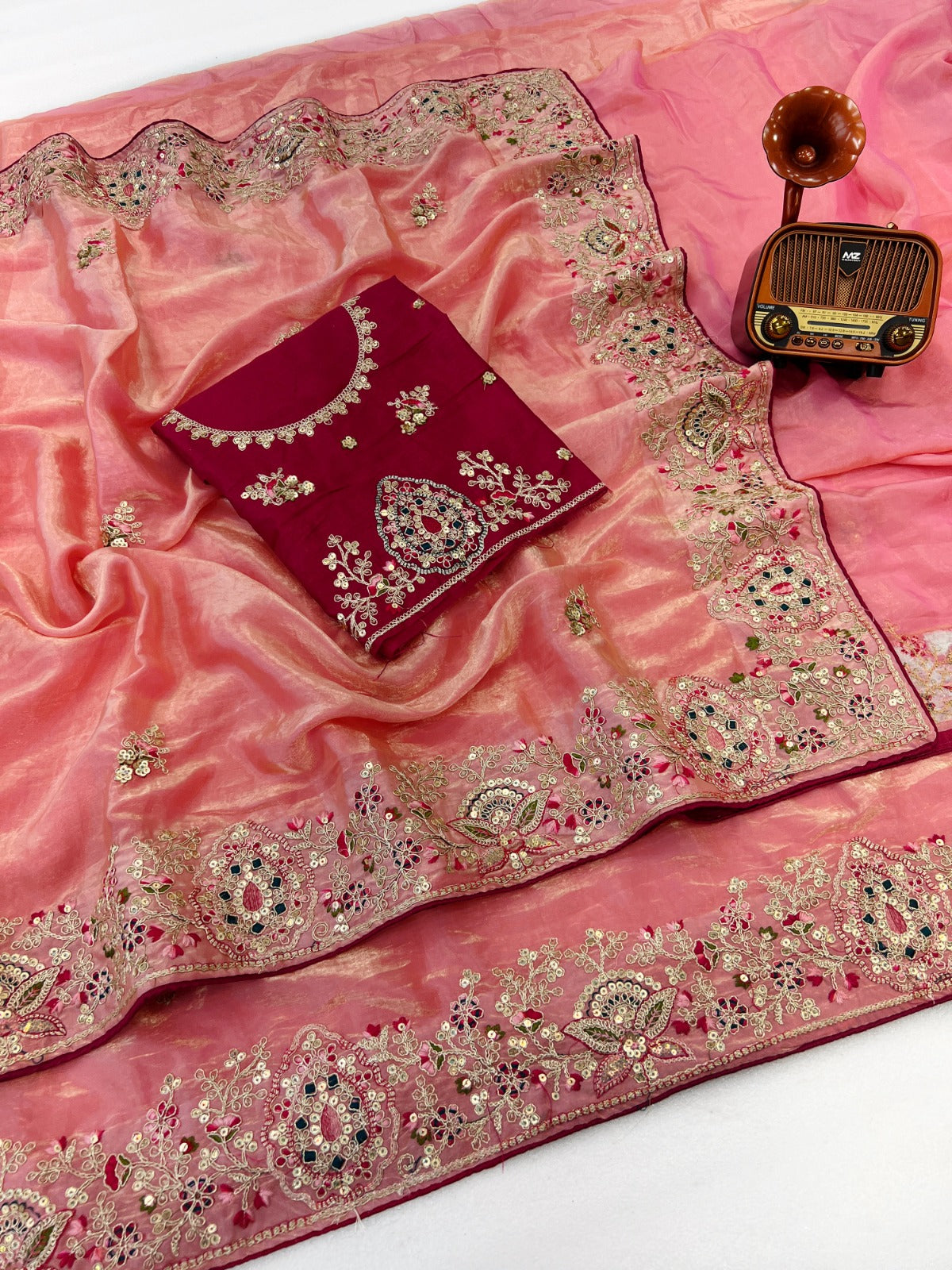 Fabric Soft Fandy Sattin Silk Fabric With Multi Thread Embroidery Coding Sequence With Dori Paiping
