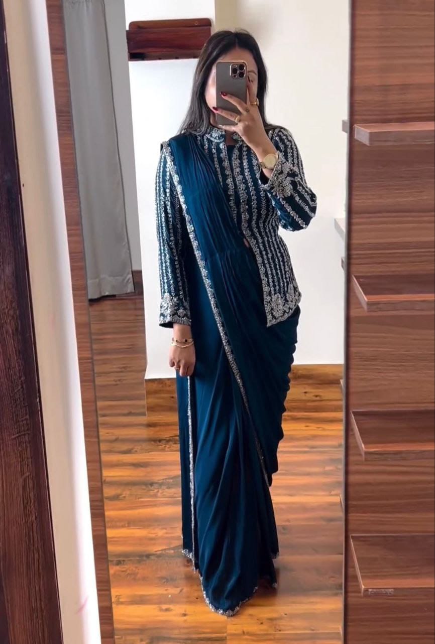Embroidery cording work ready to wear saree with full koti