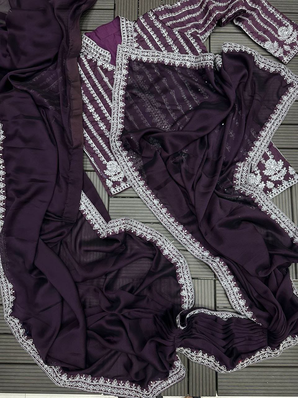 Embroidery cording work ready to wear saree with full koti