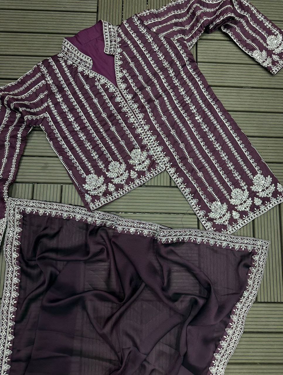Embroidery cording work ready to wear saree with full koti