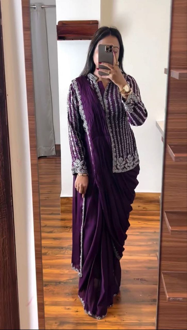 Embroidery cording work ready to wear saree with full koti
