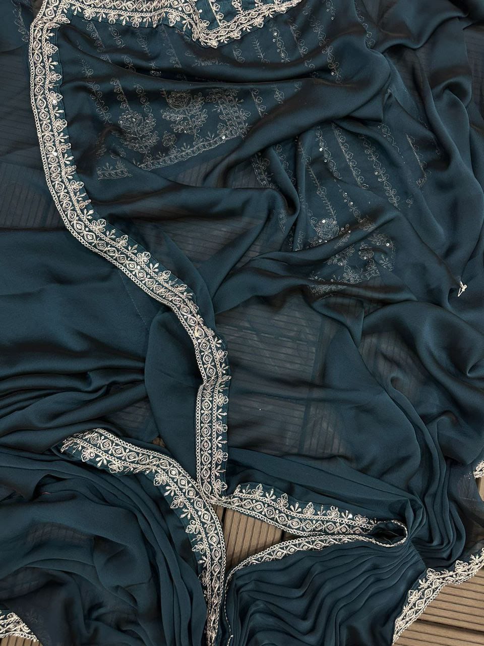 Embroidery cording work ready to wear saree with full koti