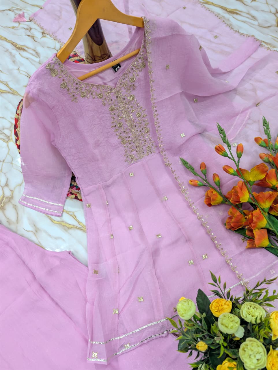 Crunchy Silk Embroidered Flared Short Kurti, Pant & Duppata Set