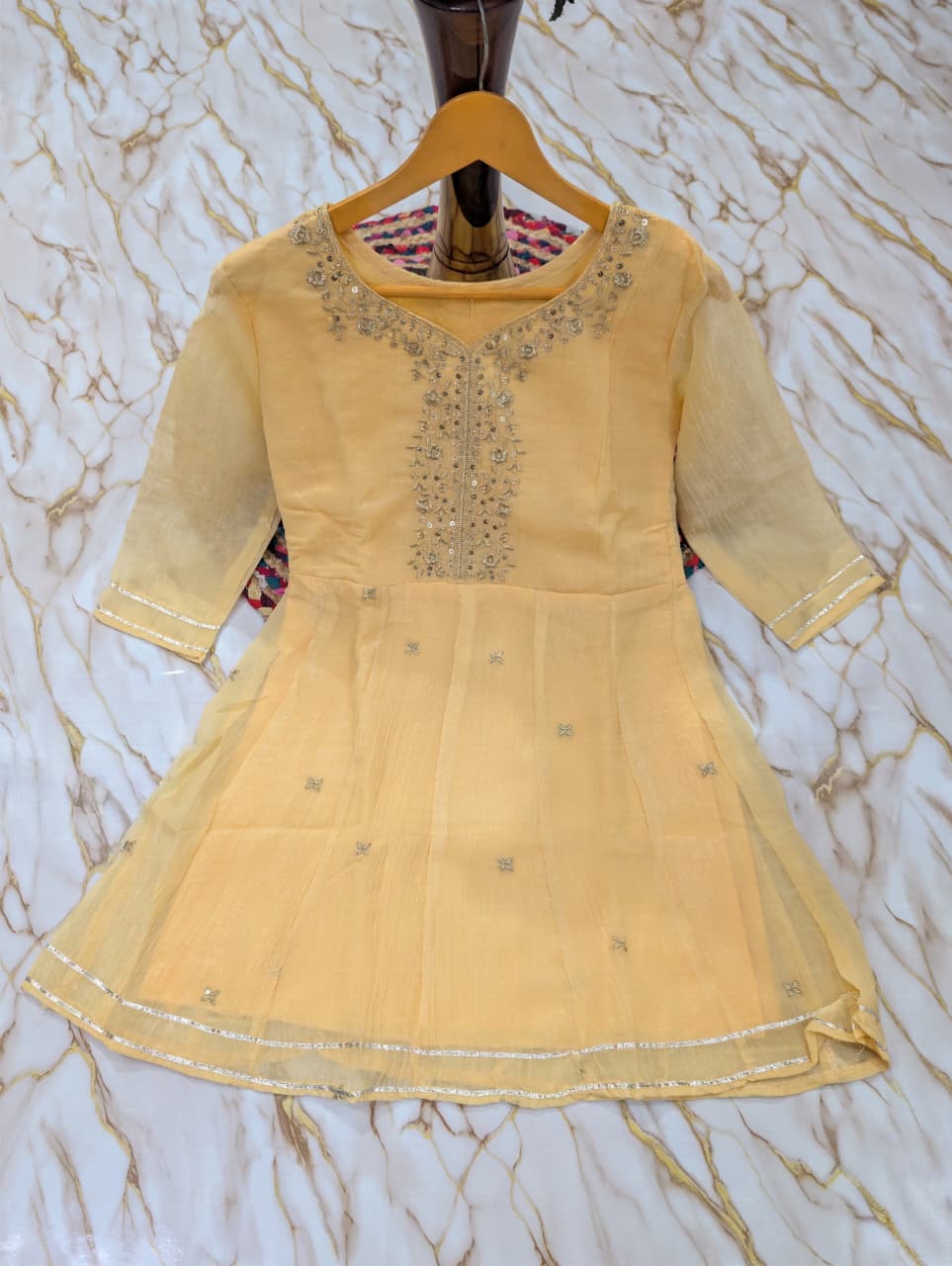 Crunchy Silk Embroidered Flared Short Kurti, Pant & Duppata Set