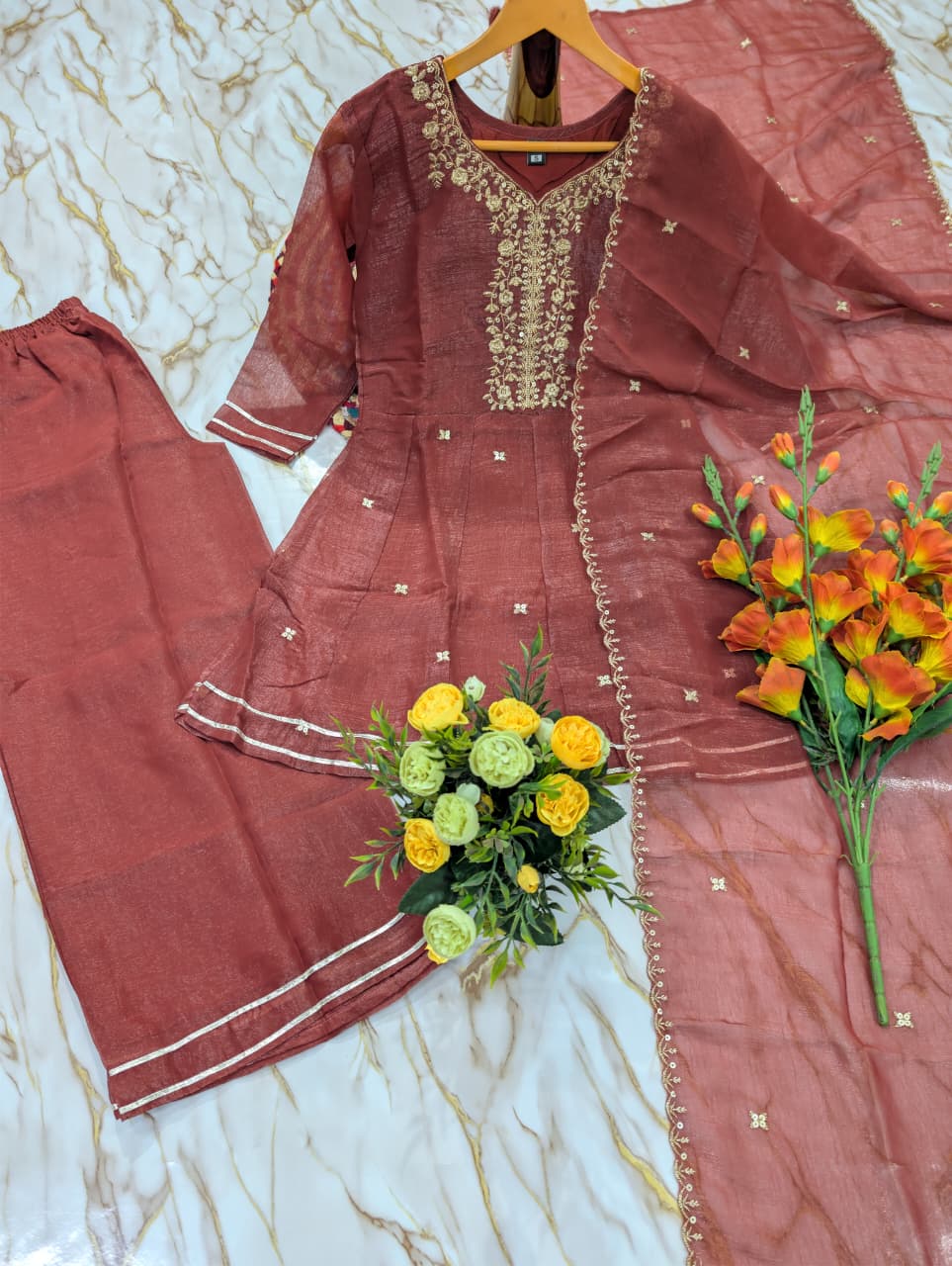 Crunchy Silk Embroidered Flared Short Kurti, Pant & Duppata Set