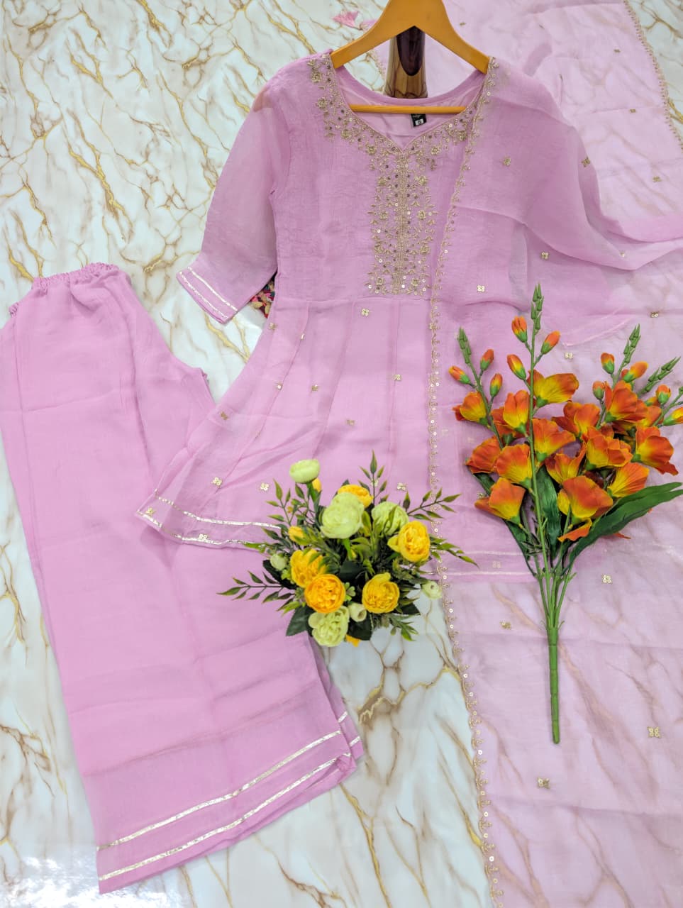 Crunchy Silk Embroidered Flared Short Kurti, Pant & Duppata Set