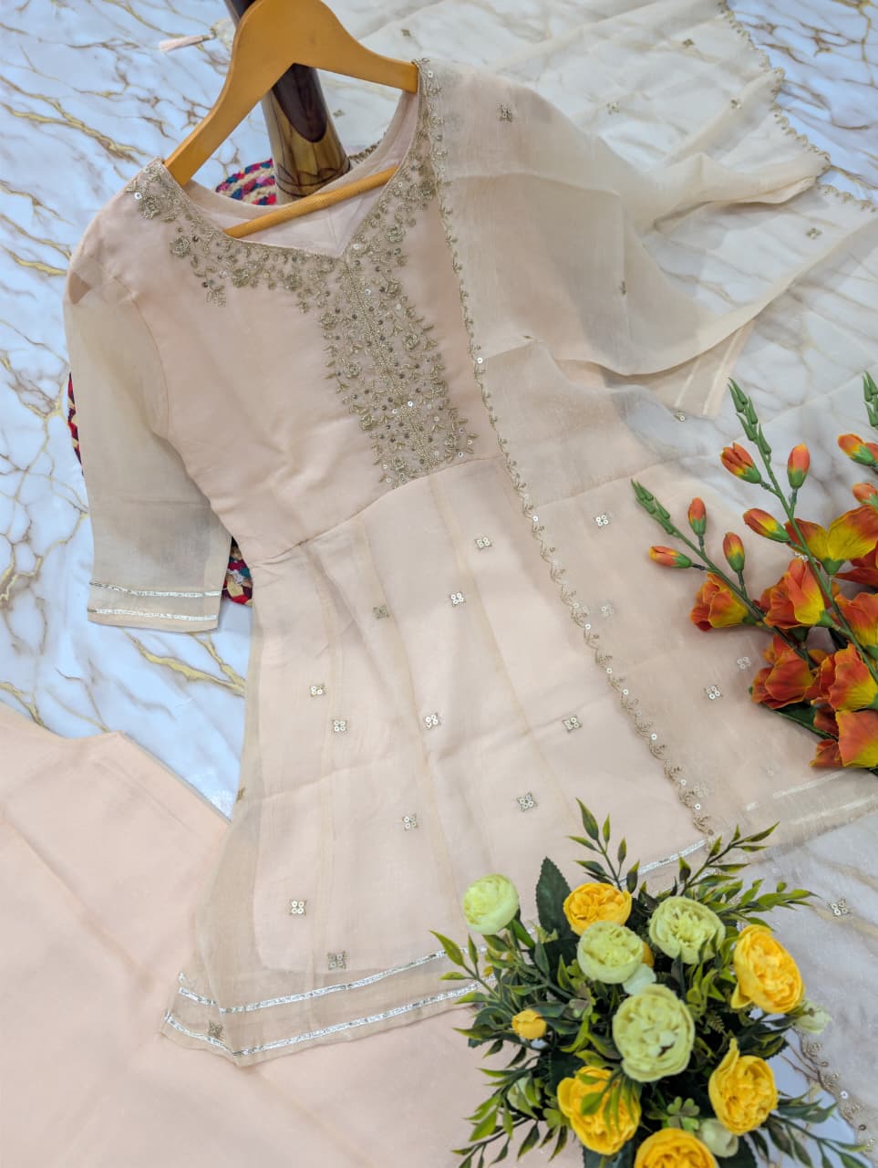 Crunchy Silk Embroidered Flared Short Kurti, Pant & Duppata Set