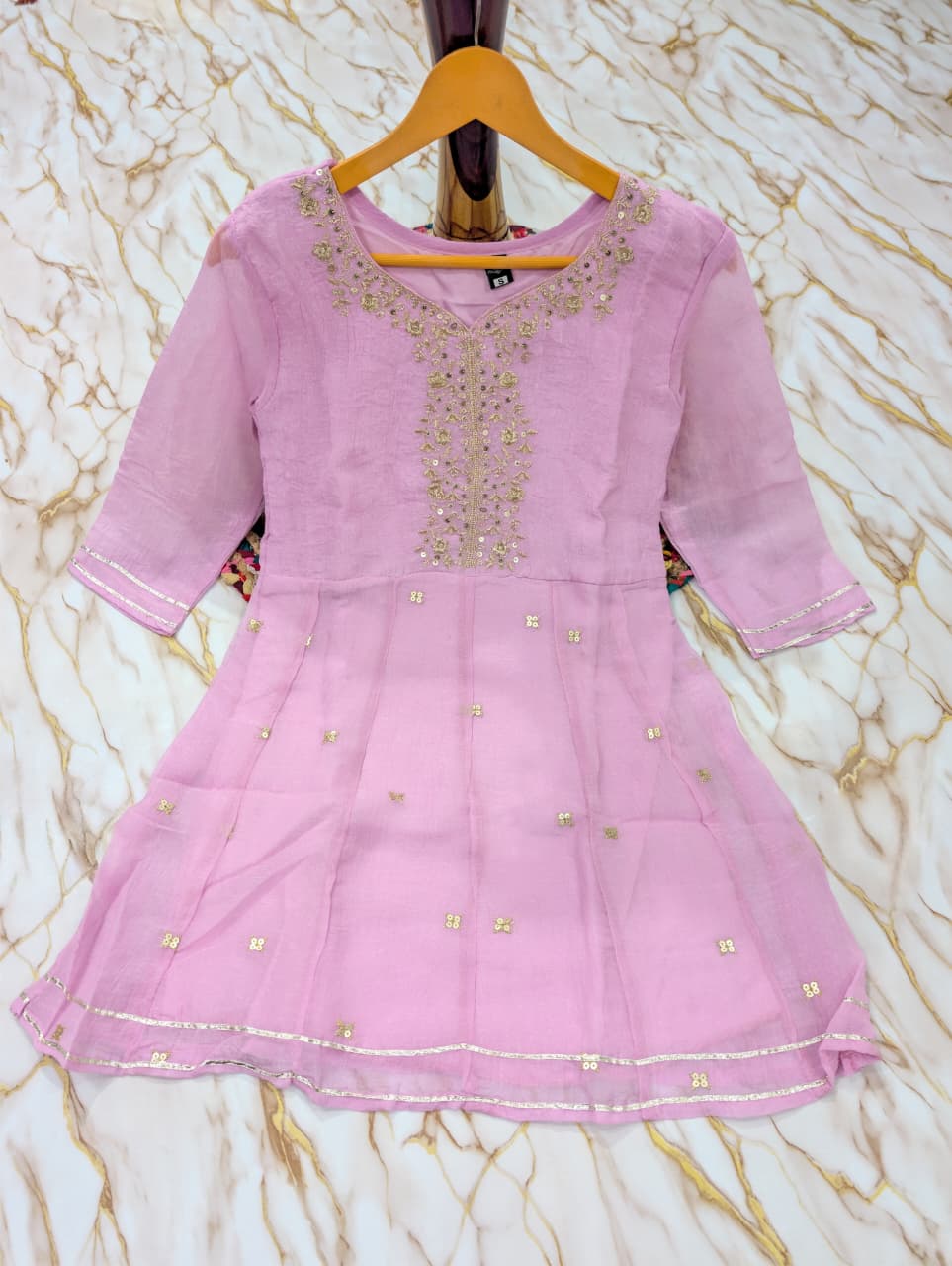 Crunchy Silk Embroidered Flared Short Kurti, Pant & Duppata Set