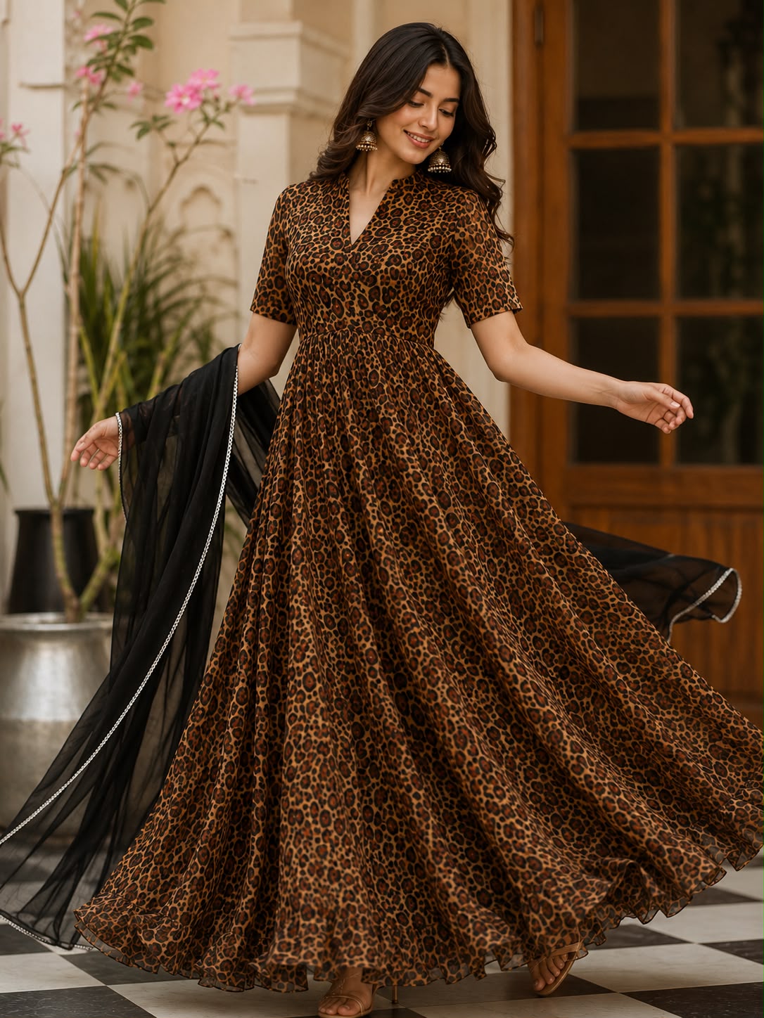 Animal Print Anarkali Gown