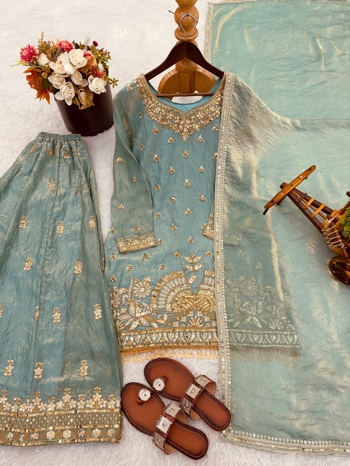 Party Wear Four Piece Suit Set Fendy Silk
