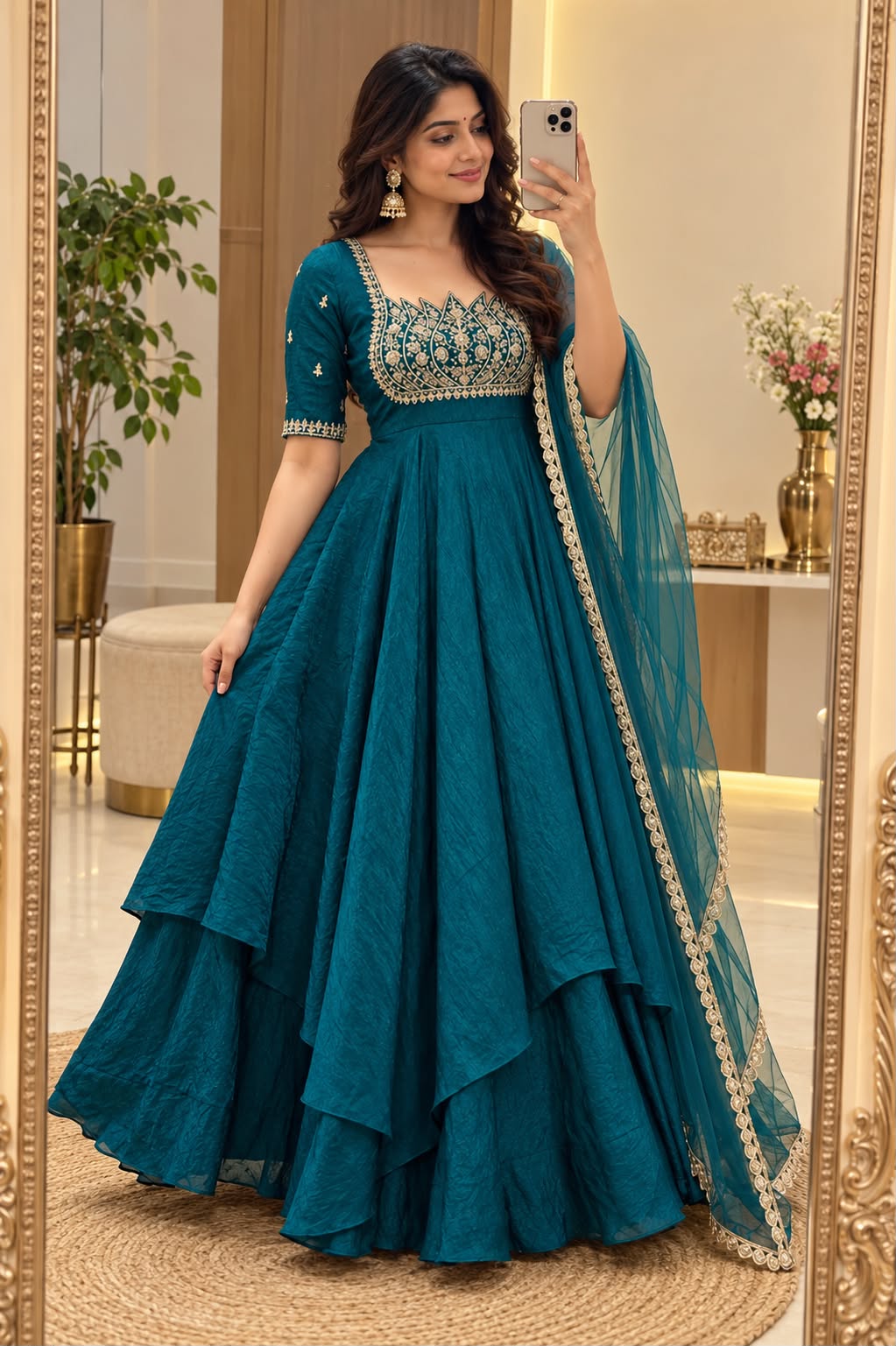 Emerald Gold Embroidered Anarkali Gown"