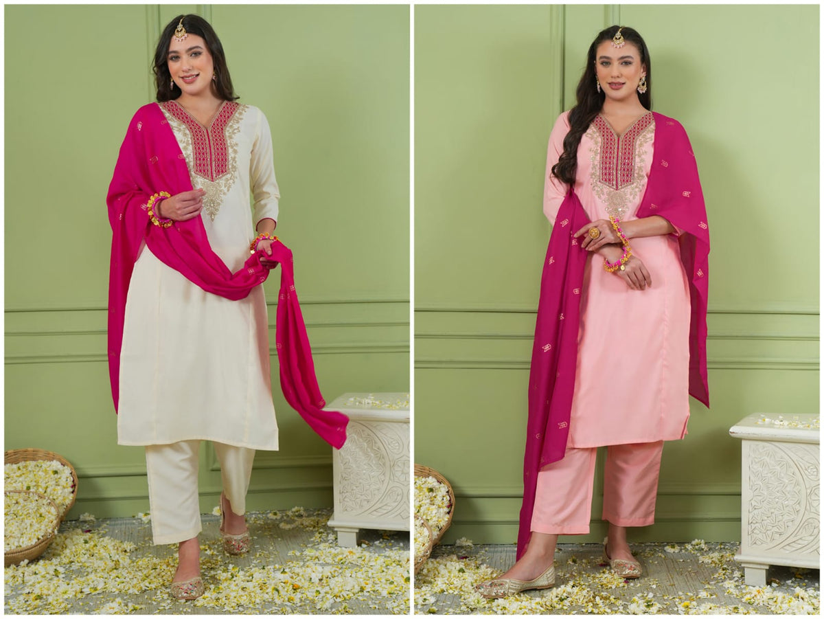 WOMEN'S HEAVY SIMER GOLD SILK KURTI, PANT & DUPPATA SET'S*