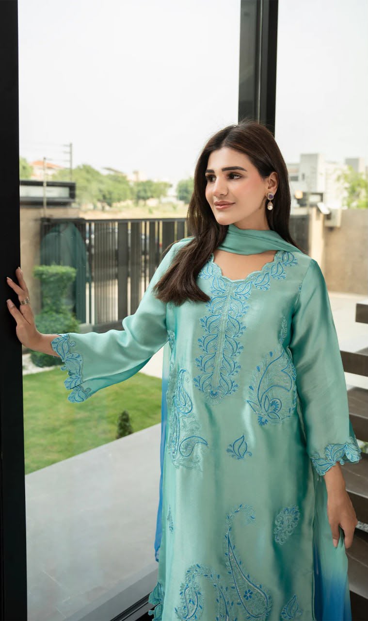 Aqua Blue Embroidered Elegance Suit Set