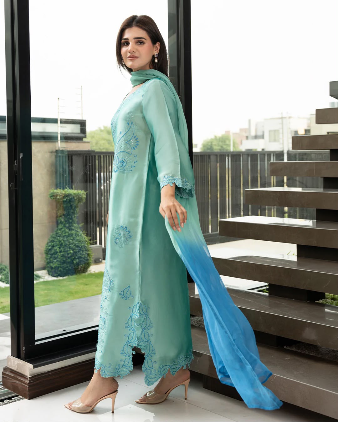 Aqua Blue Embroidered Elegance Suit Set
