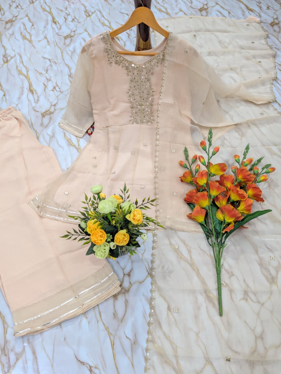 Crunchy Silk Embroidered Flared Short Kurti, Pant & Duppata Set