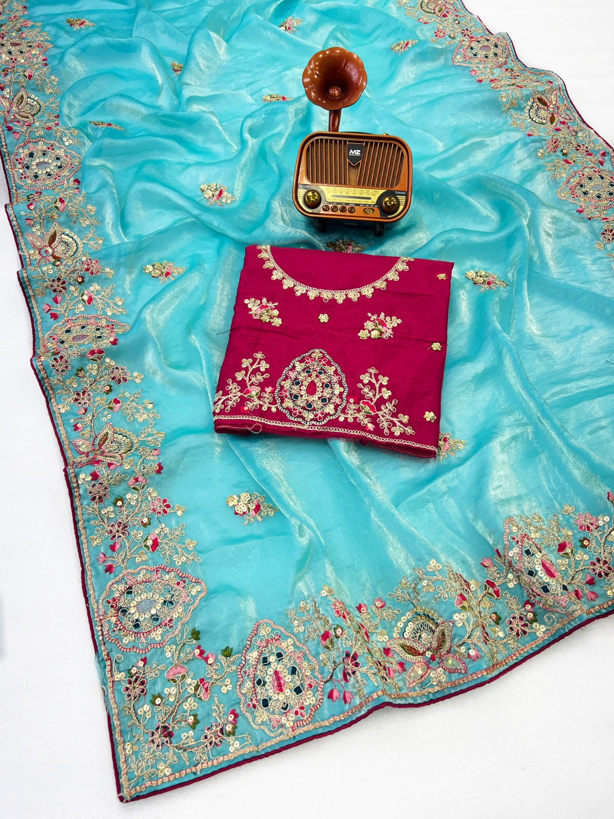 Fabric Soft Fandy Sattin Silk Fabric With Multi Thread Embroidery Coding Sequence With Dori Paiping