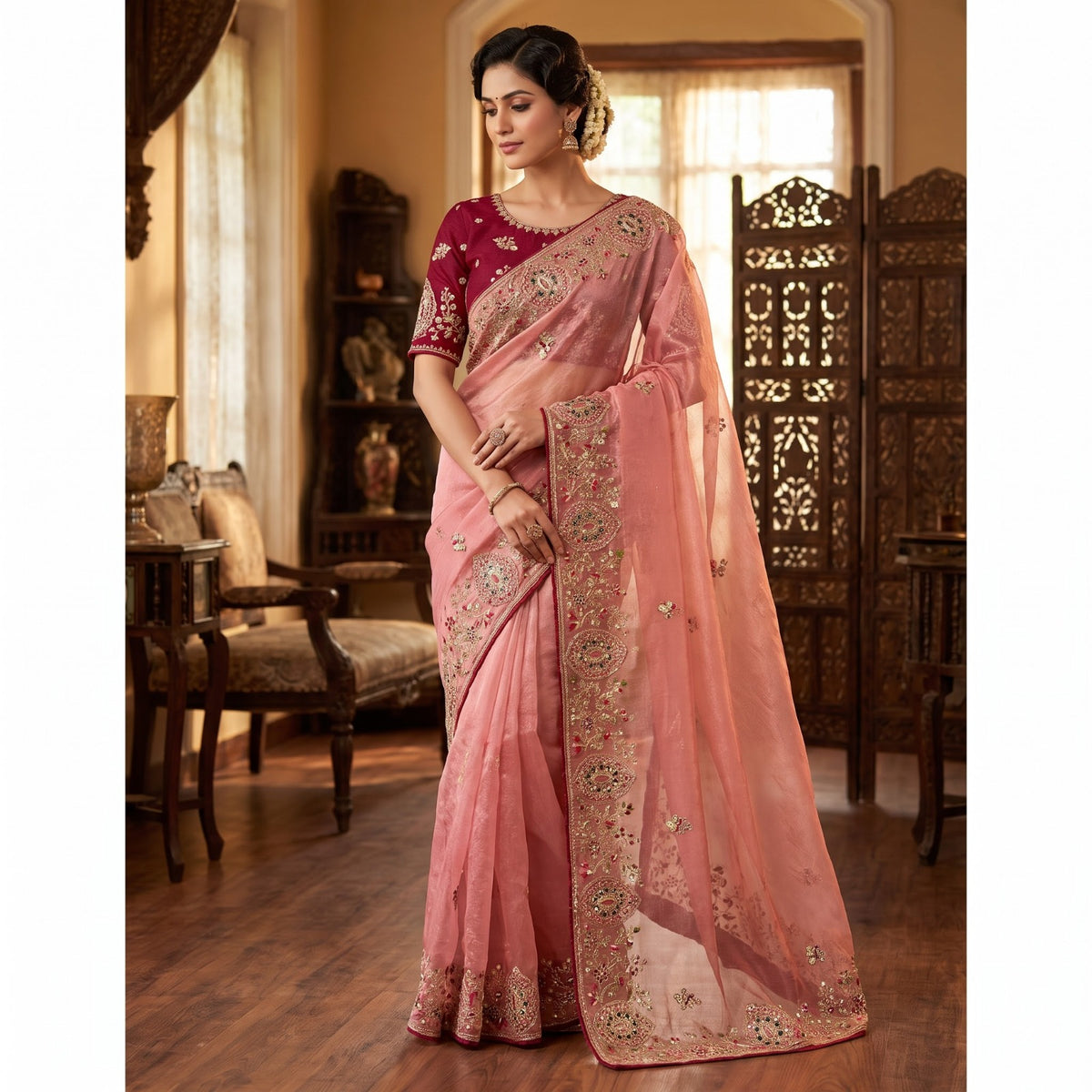 Fabric Soft Fandy Sattin Silk Fabric With Multi Thread Embroidery Coding Sequence With Dori Paiping
