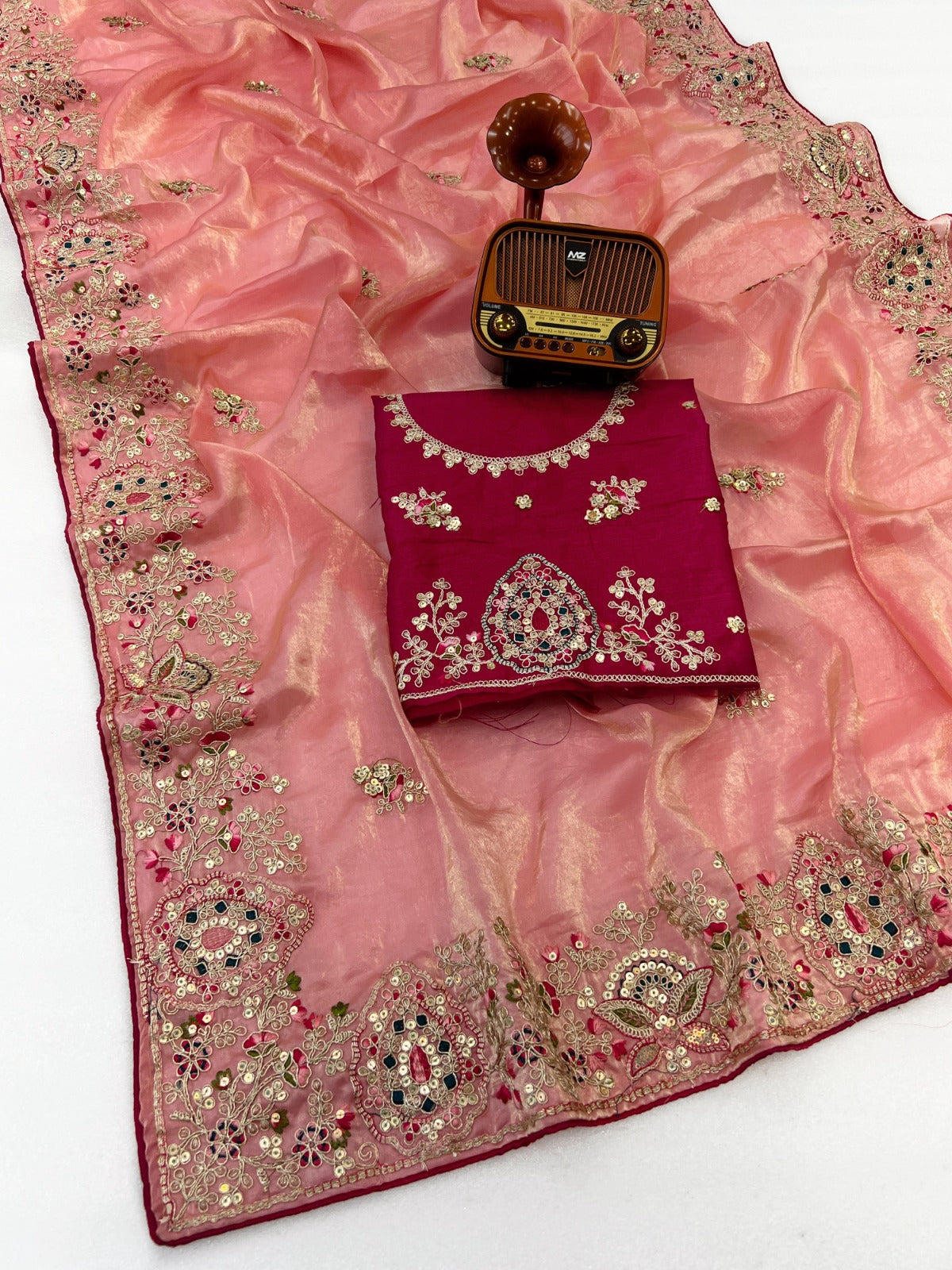 Fabric Soft Fandy Sattin Silk Fabric With Multi Thread Embroidery Coding Sequence With Dori Paiping