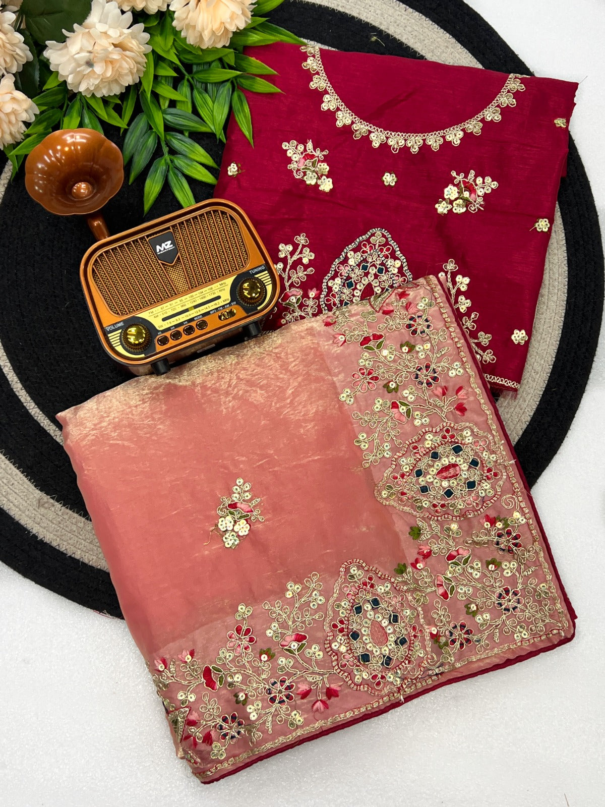 Fabric Soft Fandy Sattin Silk Fabric With Multi Thread Embroidery Coding Sequence With Dori Paiping