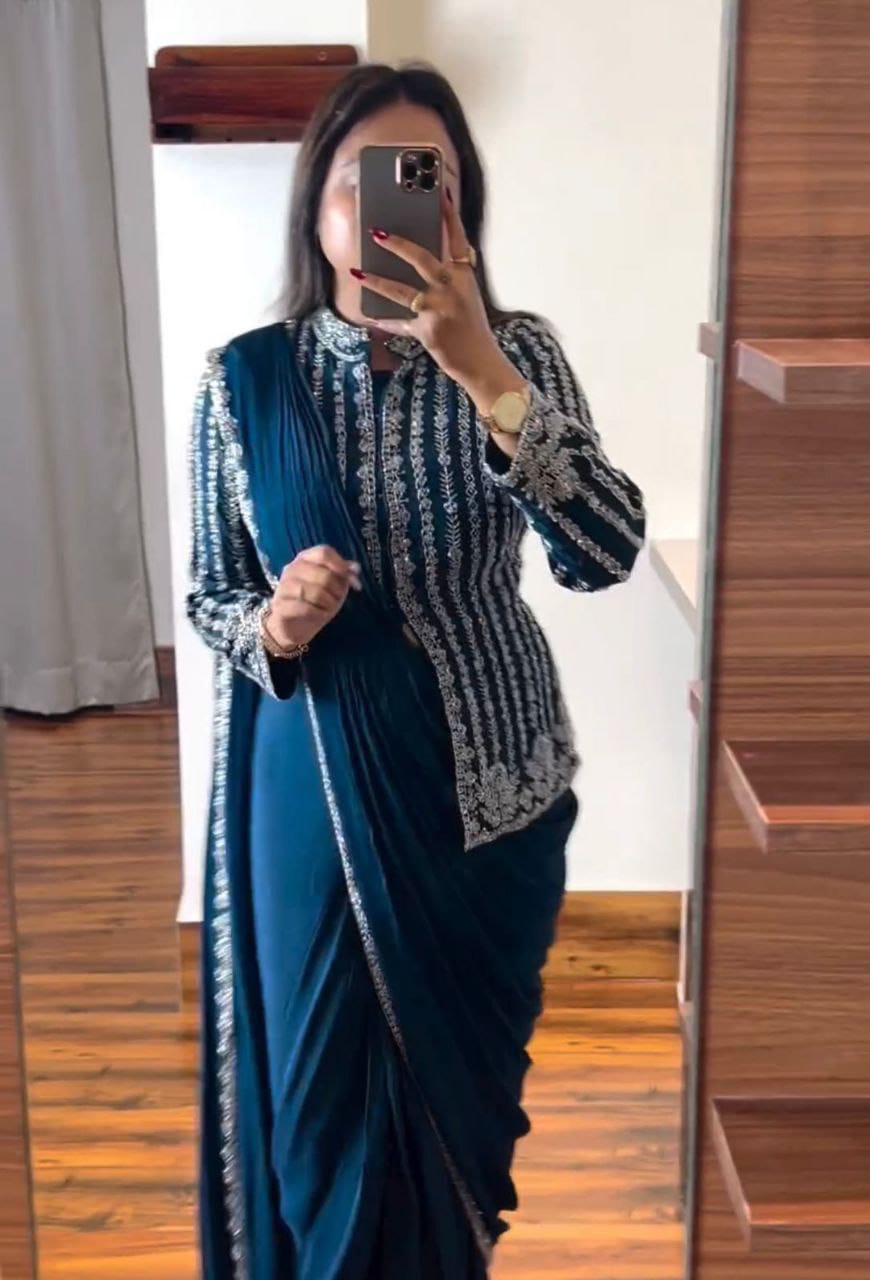 Embroidery cording work ready to wear saree with full koti