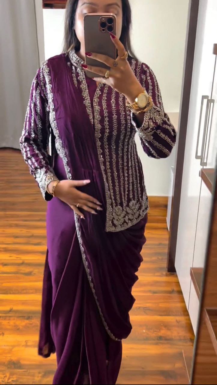 Embroidery cording work ready to wear saree with full koti
