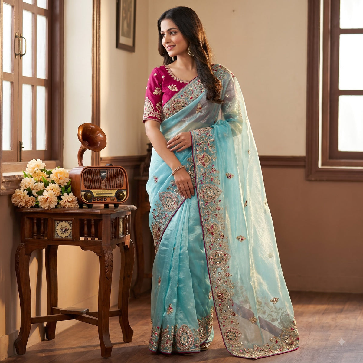 Fabric Soft Fandy Sattin Silk Fabric With Multi Thread Embroidery Coding Sequence With Dori Paiping