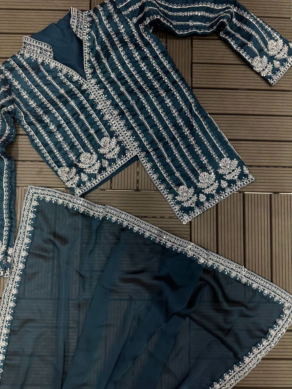 Embroidery cording work ready to wear saree with full koti